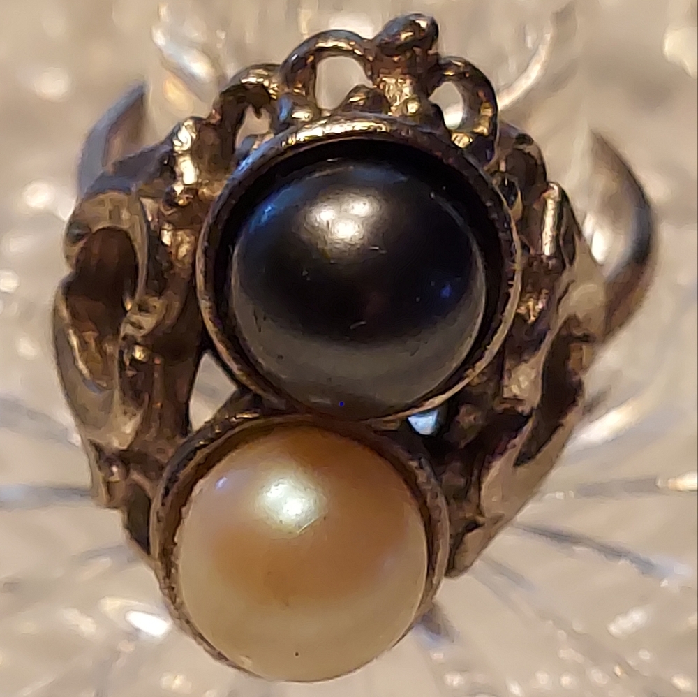 Vintage 10k WG Plated Silver White & Black Pearls Chunky Adjustable Ring RARE